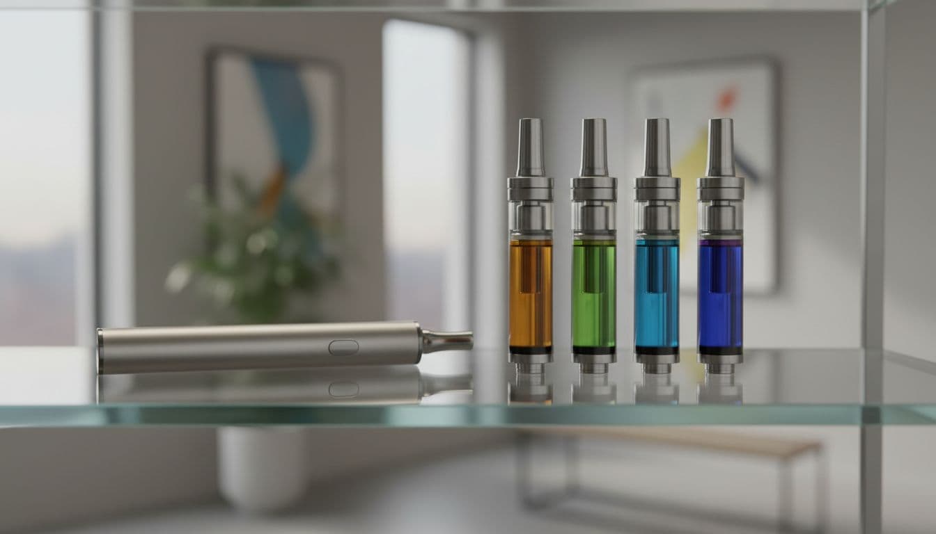 Cannabis vape cartridges in various colors standing upright next to a sleek vape pen on a glass shelf, ultra-realistic photography with soft lighting and sharp details.