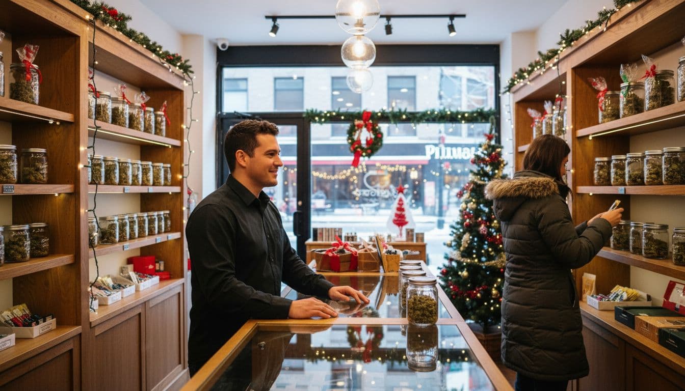 Ultra-realistic photograph of a cozy licensed cannabis dispensary interior in New York City during Christmas holidays, with wooden shelves stocked with flower jars, pre-rolls, and accessories in red and green wraps, warm lighting, one budtender behind the counter, one customer browsing, and a blurred snowy NYC street view through the window.