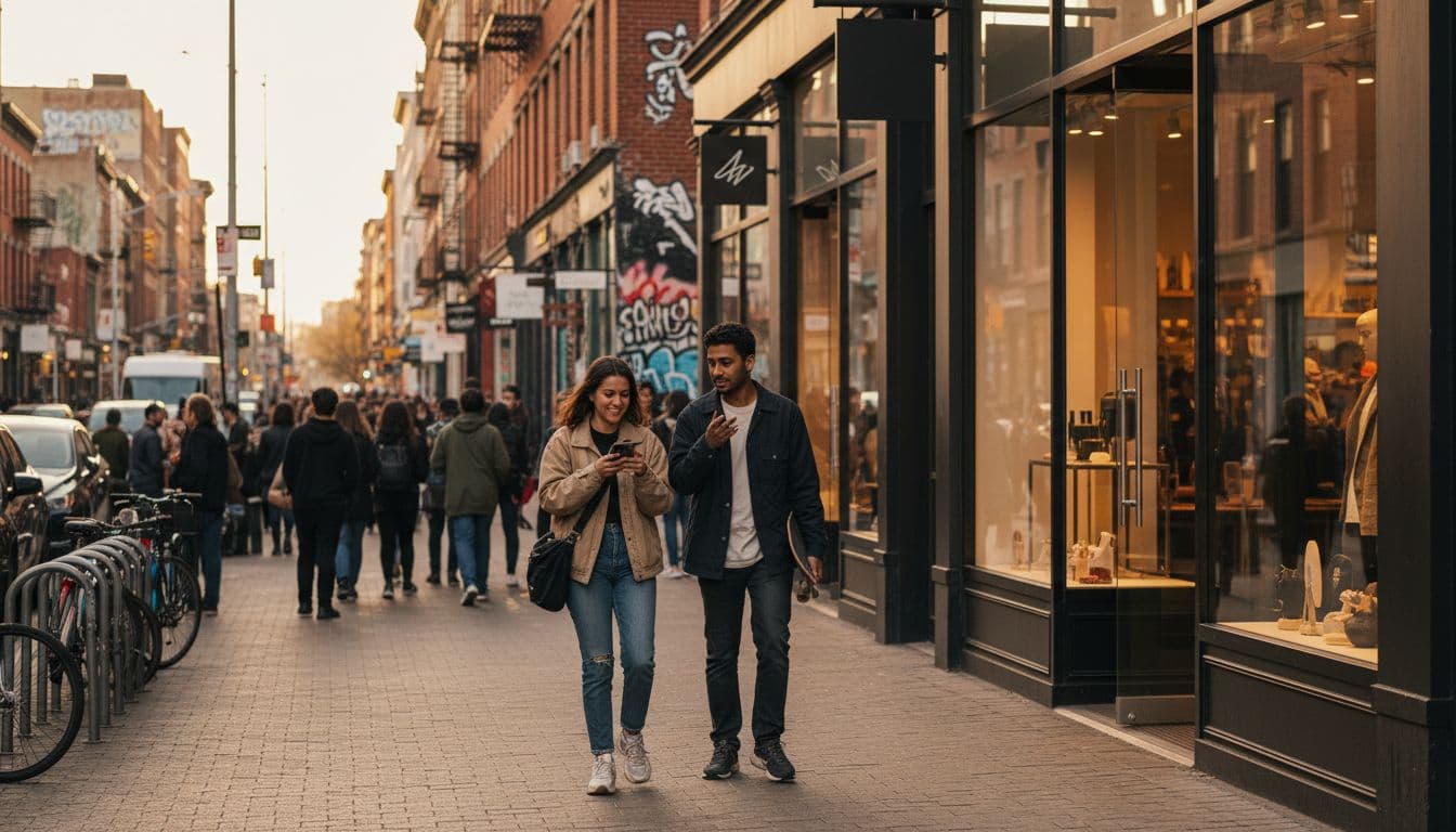 Bustling Williamsburg street scene in Brooklyn during evening rush hour with trendy storefronts, young adults near boutique shops and bars, hip urban vibe, graffiti walls, parked bicycles, and two people in foreground under golden hour lighting.