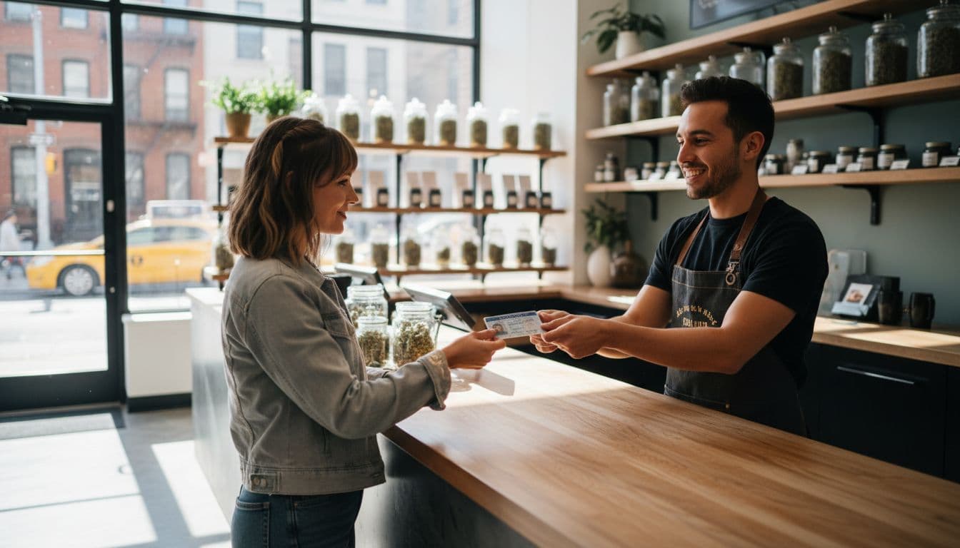 Realistic high-quality photo of an adult customer handing valid ID to a budtender at the counter in a modern NYC cannabis dispensary, featuring clean interior with soft-focused shelves and natural lighting.