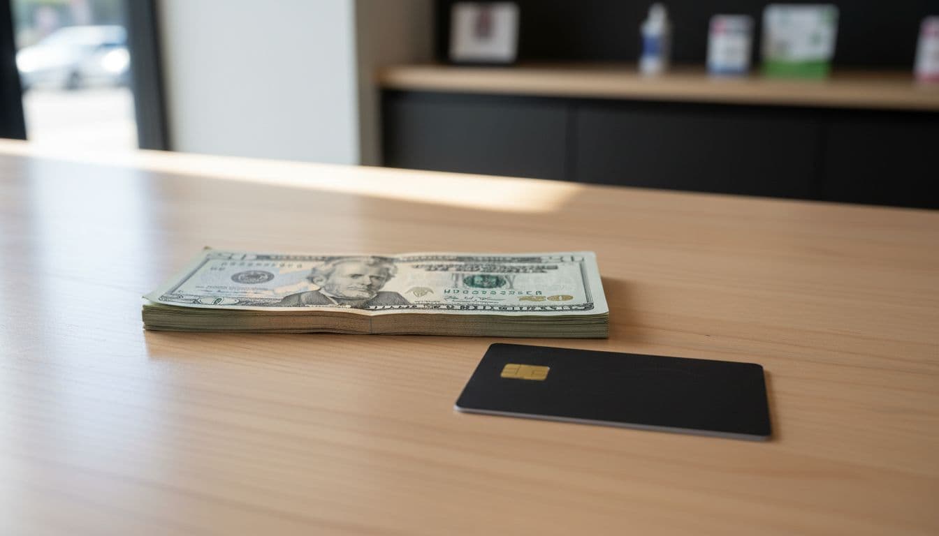 Close-up of neatly folded U.S. twenty-dollar bills and a single debit card with chip on a smooth wooden retail counter in a modern New York City licensed dispensary, ultra-realistic with sharp focus and natural lighting.