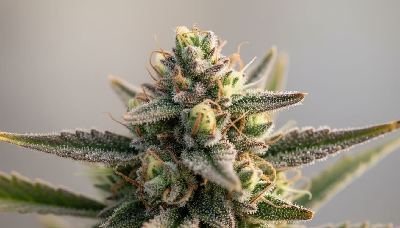Close-up of fresh cannabis flower buds in soft natural light on a neutral background, showcasing detailed glandular trichomes and natural colors. Ultra-realistic photography with sharp focus, detailed textures, realistic shadows, and depth of field.