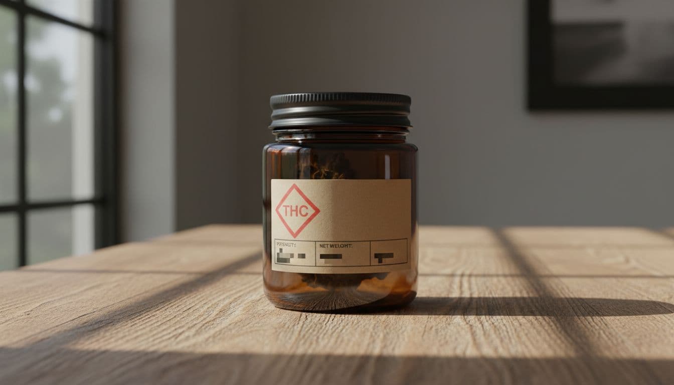 Ultra-realistic photography of a New York cannabis flower jar on a wooden table in a well-lit room, featuring an opaque child-resistant glass jar with matte black lid and partially visible label with THC symbol.