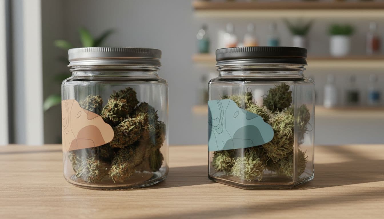 Close-up view of two cannabis flower jars from different New York licensed brands on a wooden dispensary shelf, ultra-realistic photography with natural lighting, sharp focus on labels and textures without readable text.