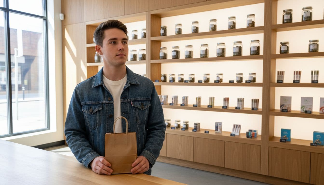 A young adult customer in their 20s stands at the counter of a modern New York City cannabis dispensary, holding a small shopping bag and looking toward a shelf with neatly arranged cannabis products like flower jars and pre-rolls, illuminated by natural daylight.