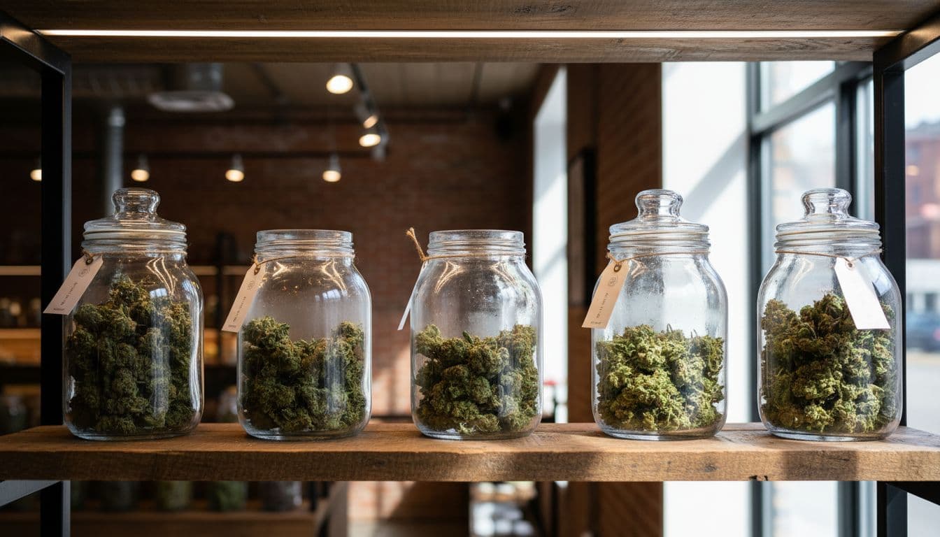 Detailed realistic photo of a wooden shelf in a New York City cannabis dispensary stocked with glass jars of different cannabis flower strains, each with a price tag, under soft natural lighting.