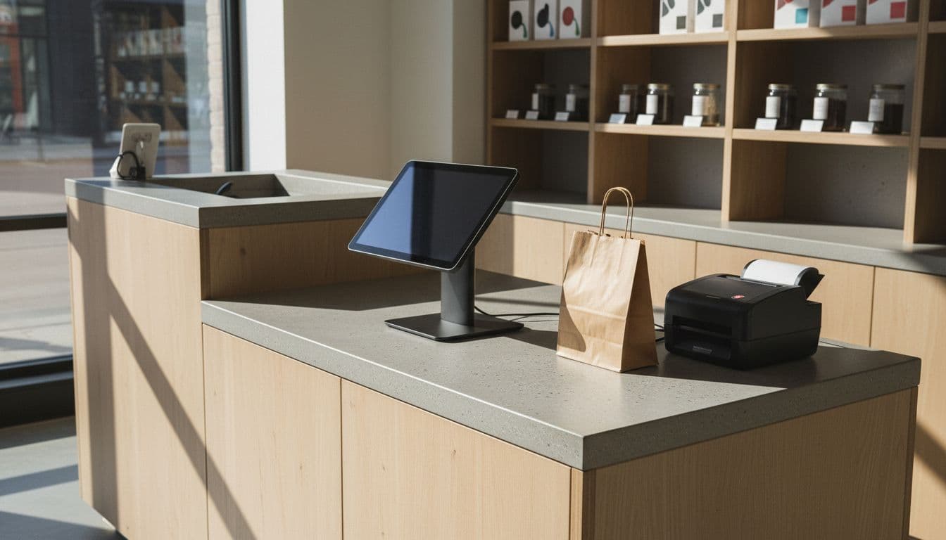 Ultra-realistic depiction of a modern retail checkout counter in a licensed New York City cannabis dispensary, featuring a POS register, receipt printer, small paper bag, and subtle background shelf with natural window lighting and sharp focus.