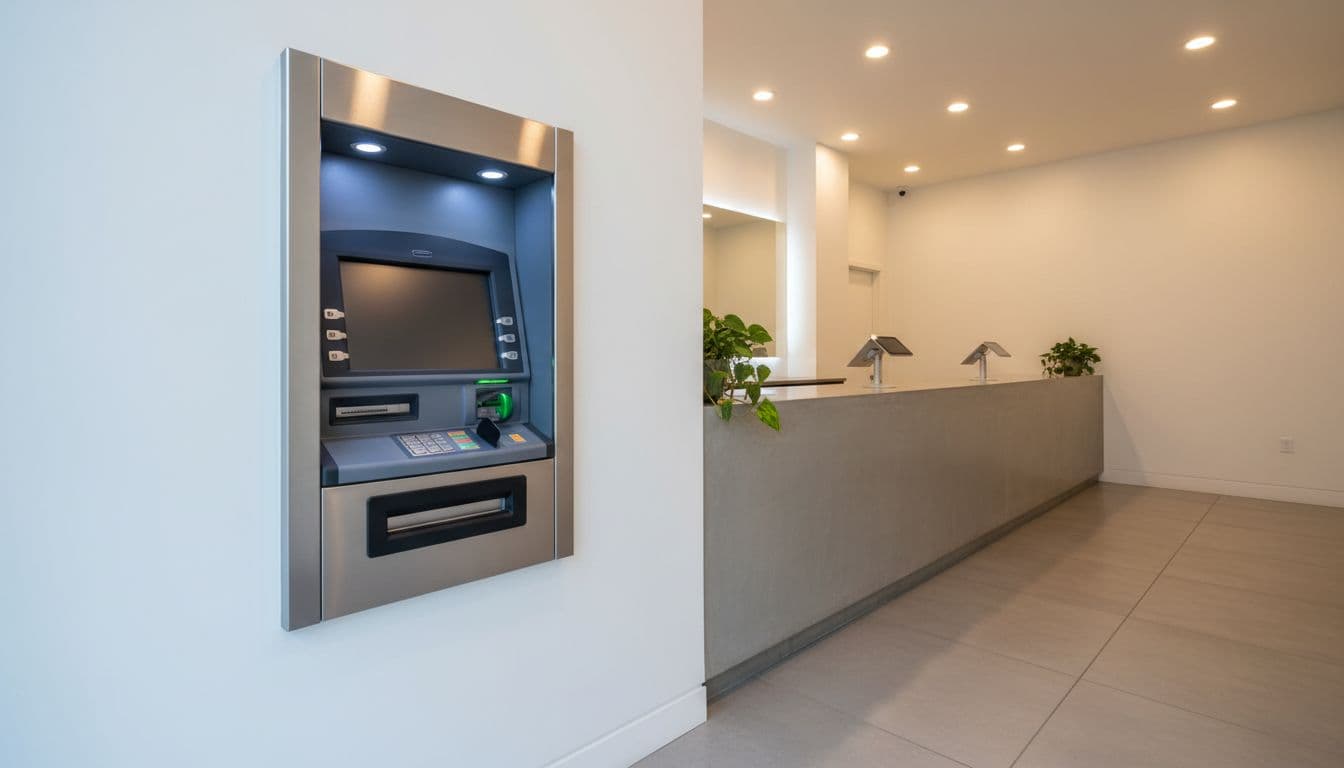 Wall-mounted ATM machine next to a modern retail checkout counter in a licensed New York City dispensary interior, lit by soft overhead lighting with subtle ATM glow, ultra-realistic HDR photography focusing sharply on ATM details.