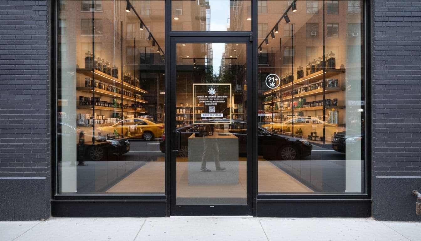 Professional storefront of a licensed NYC cannabis dispensary on a busy urban street during daytime, with clear posted license visible at the entrance door and modern retail setup.