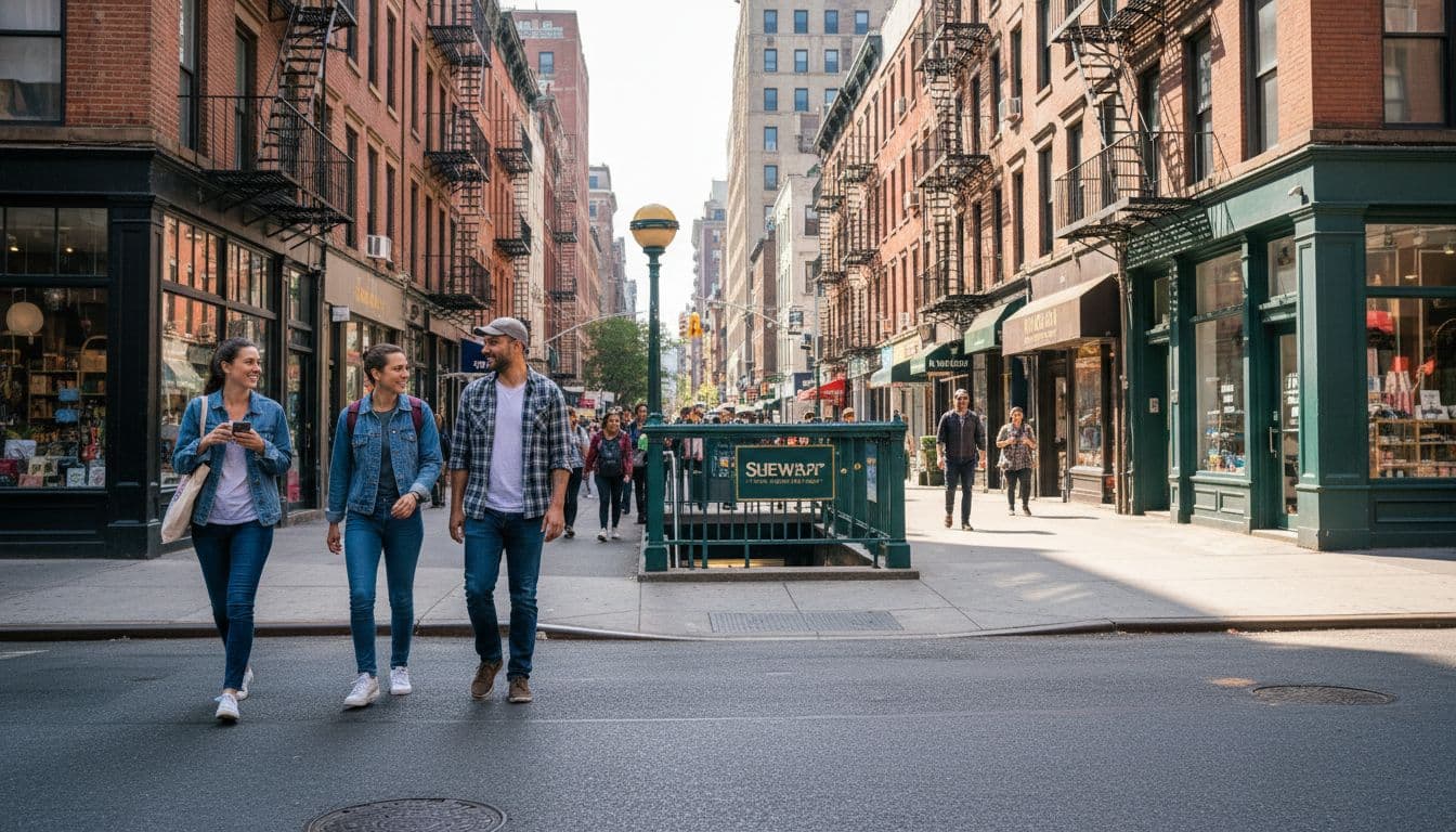 Daytime street scene in a New York City neighborhood featuring residential buildings, small storefronts, and three pedestrians walking towards a visible subway entrance, capturing a clean bustling urban atmosphere in ultra-realistic photography.