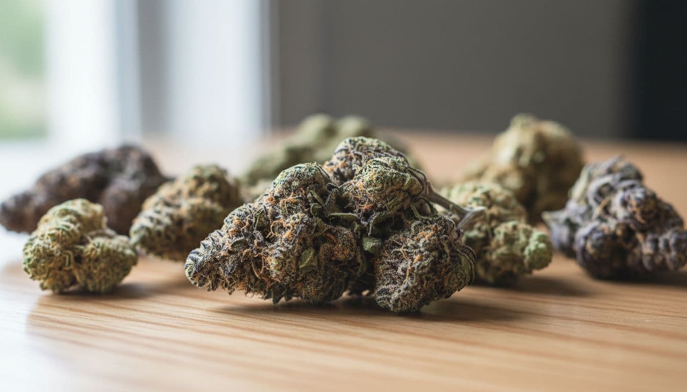 Dried cannabis flower buds of different strains on a clean wooden surface in soft natural light, with sharp focus on the central bud and depth of field blur on others, ultra-realistic professional photography.
