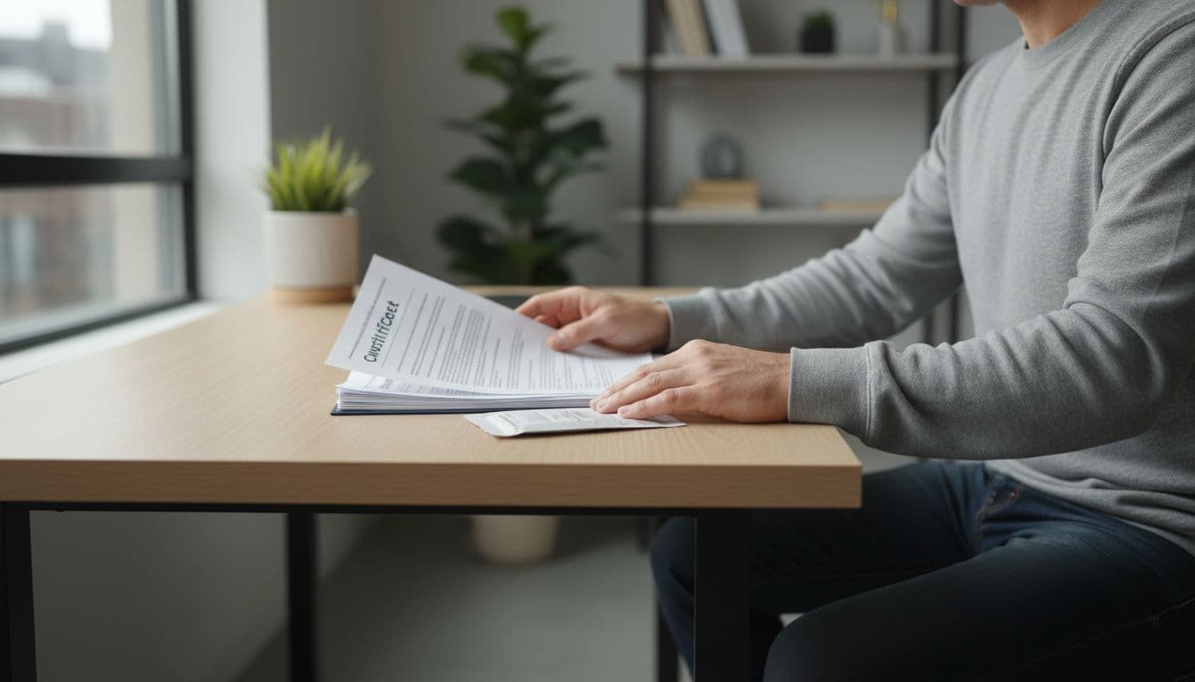 An adult in casual clothes seated at a home desk closely inspects a cannabis lab test certificate and New York brand product package, with hands naturally holding the papers under soft natural window light in an ultra-realistic style.