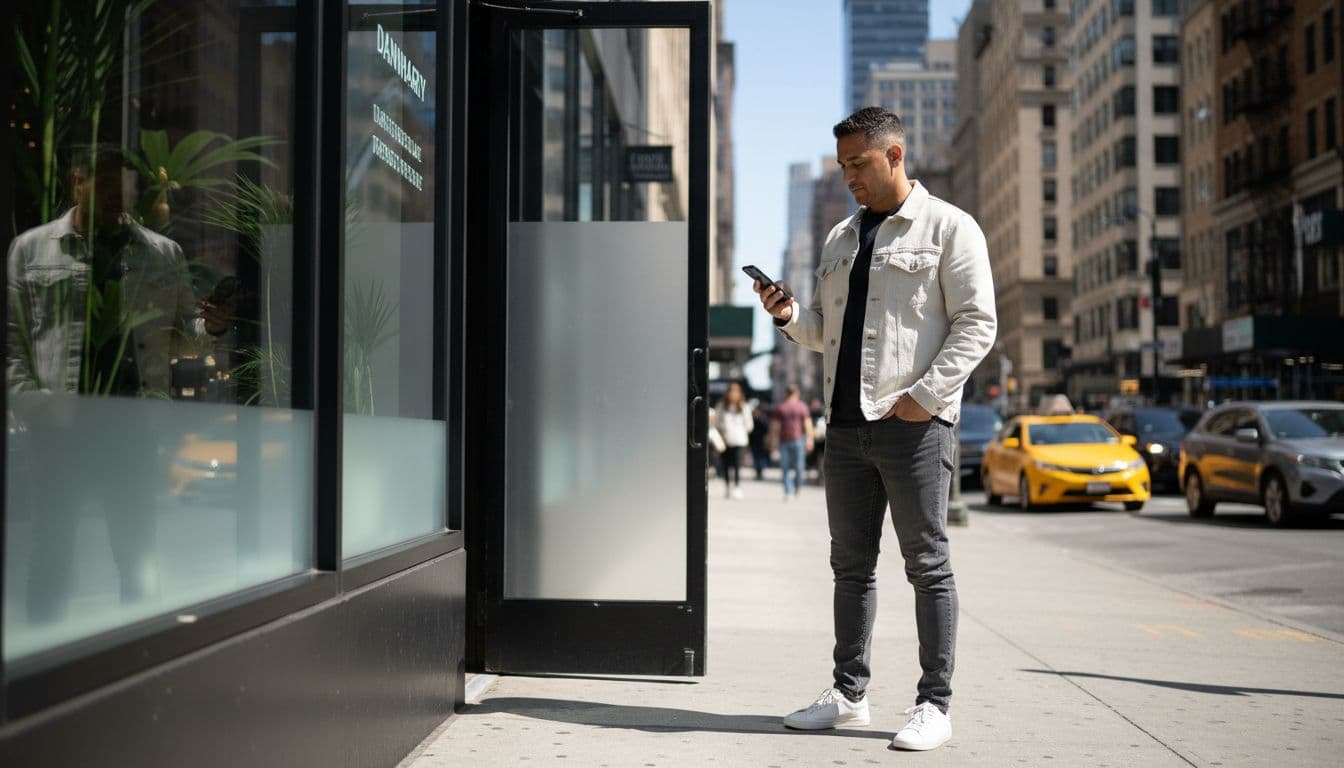 An adult stands relaxed on a NYC sidewalk outside a cannabis dispensary storefront during the day, naturally holding and checking their phone screen showing a map or listing, partially turned toward the entrance. Ultra-realistic professional photography captures detailed textures, natural daylight, and urban background.