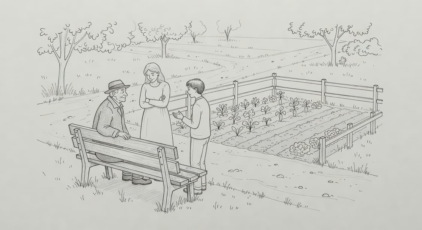 A detailed pencil drawing on gray paper features neighbors conversing near a wooden bench. A small community garden sits in the foreground with minimalist shading defining the gentle park atmosphere.