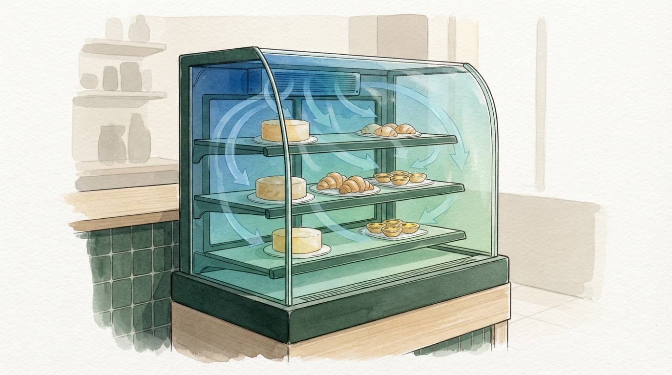 Tủ kính bánh ngọt có ba kệ và các vùng nhiệt xanh-lục.