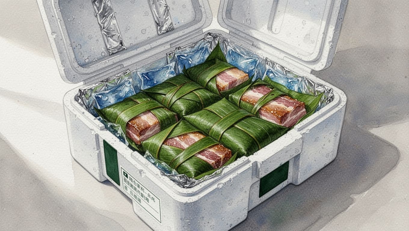 Hộp xốp cách nhiệt, túi gel lạnh và các gói nem chua rán bọc lá chuối.