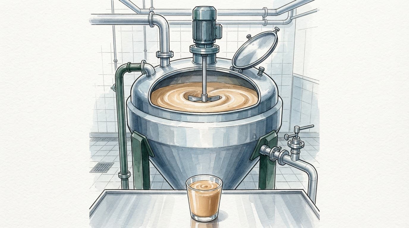Bồn trộn thép không gỉ tạo xoáy nhẹ, cạnh cốc mẫu trà sữa đồng nhất.