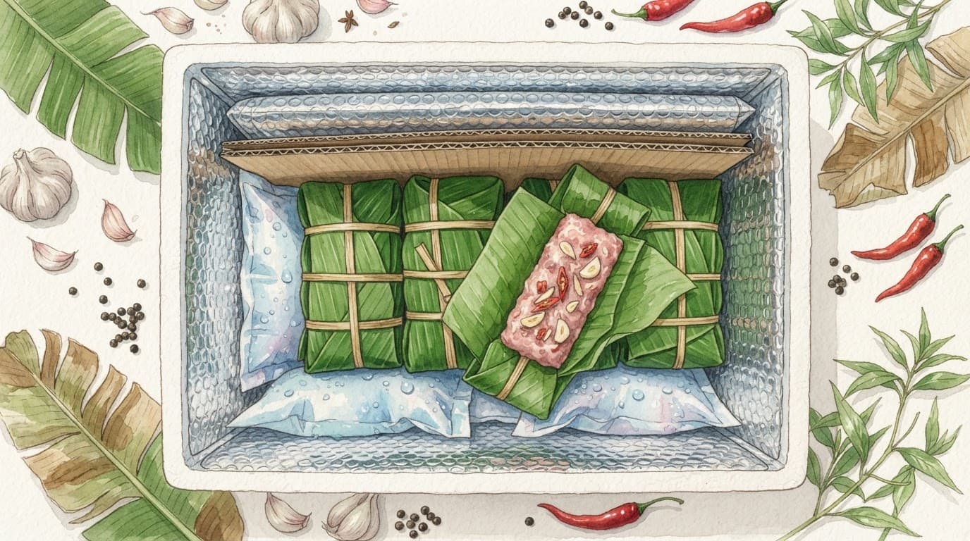 Nem chua quấn lá chuối nằm cạnh túi đá gel trong hộp cách nhiệt.