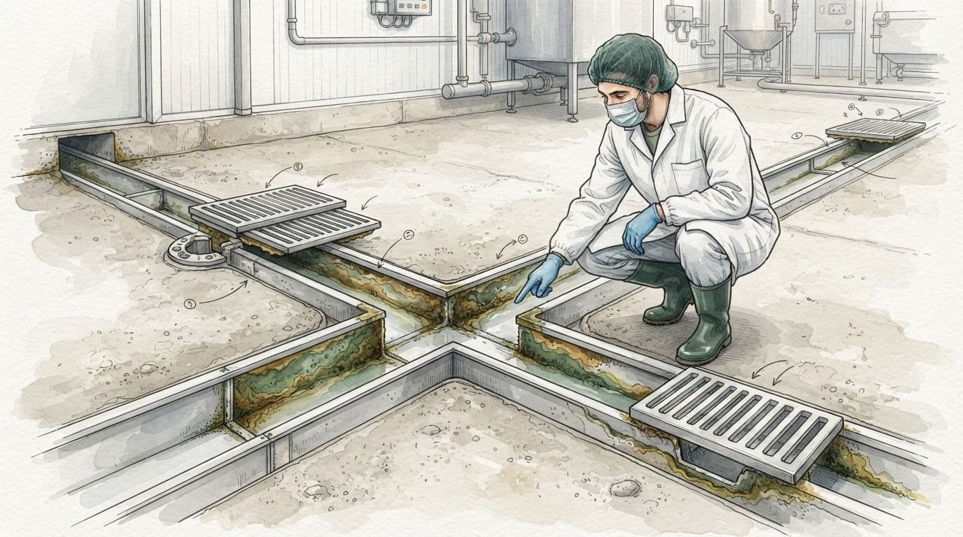 Một nhân viên bảo hộ kiểm tra kênh thoát nước trong cơ sở chế biến.