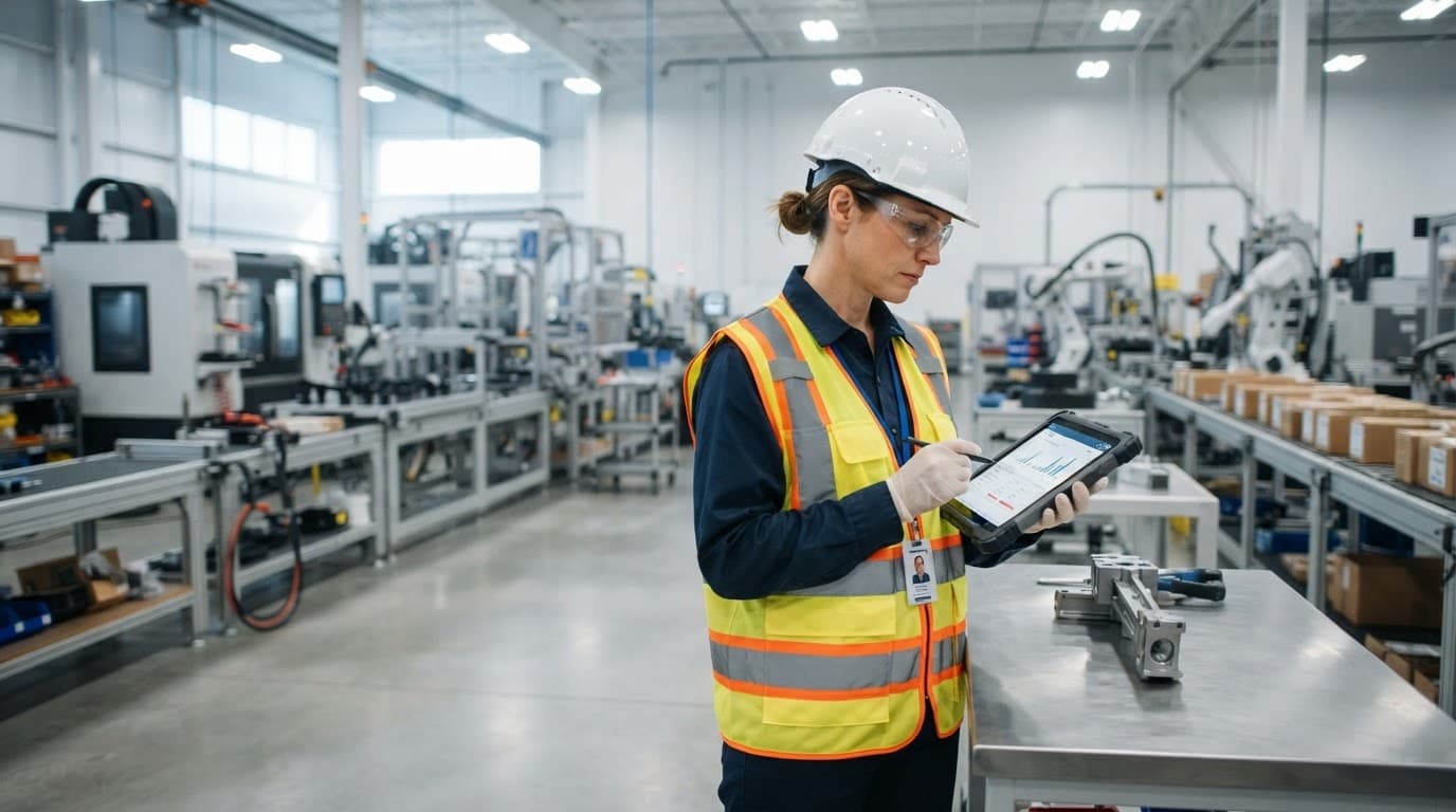 Quản lý mặc đồ bảo hộ xem hồ sơ lỗi trên máy tính bảng trong nhà máy.