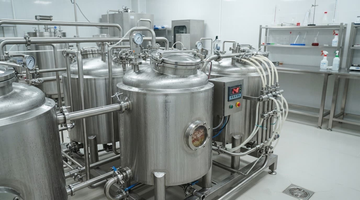 Các bồn thép không gỉ và thiết bị đo nhiệt độ trong khu vực sản xuất sạch.