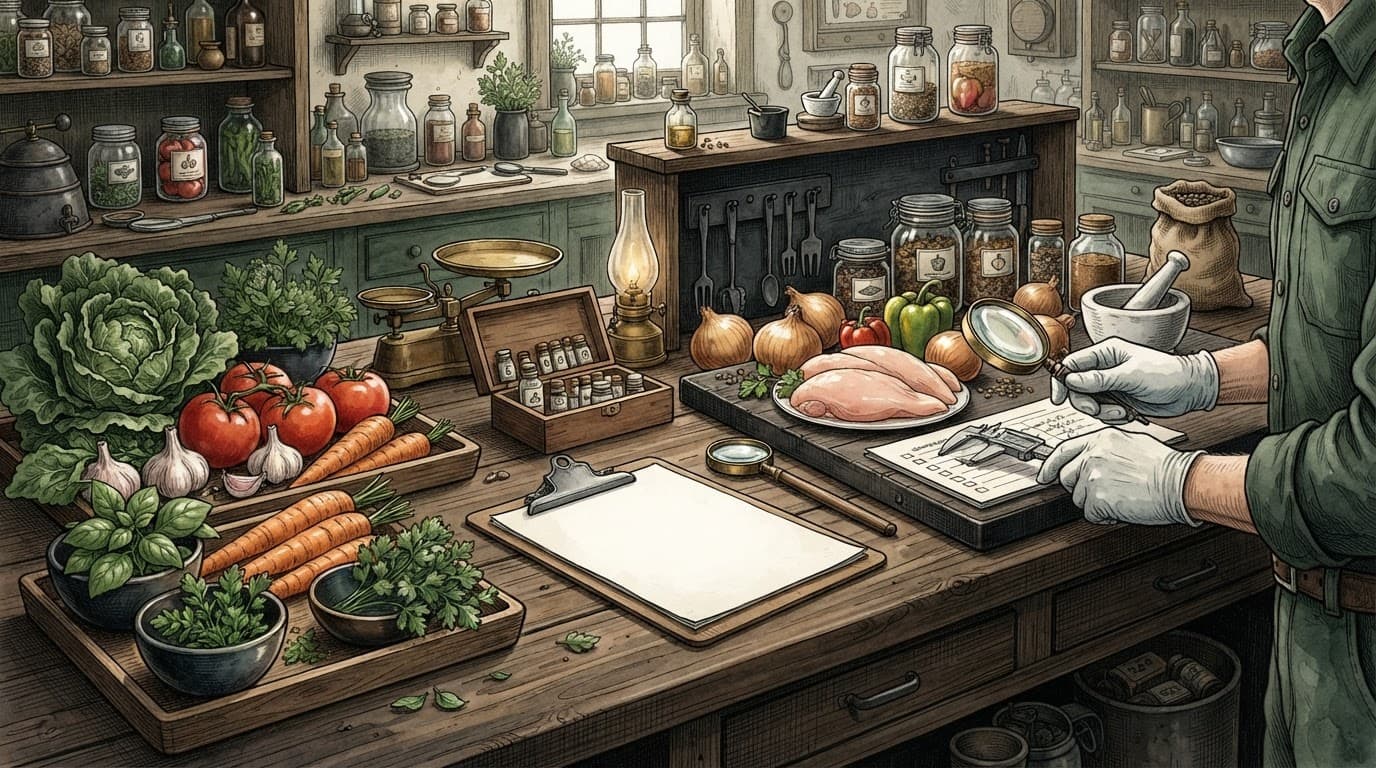 Rau, củ quả và hạt được kiểm tra trên bàn gỗ trước khi phối trộn.