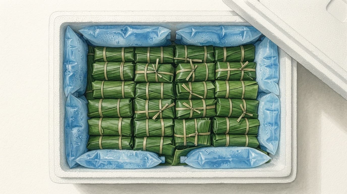 Hộp xốp mở chứa các cuộn nem chua bọc lá chuối và túi đá gel làm mát.