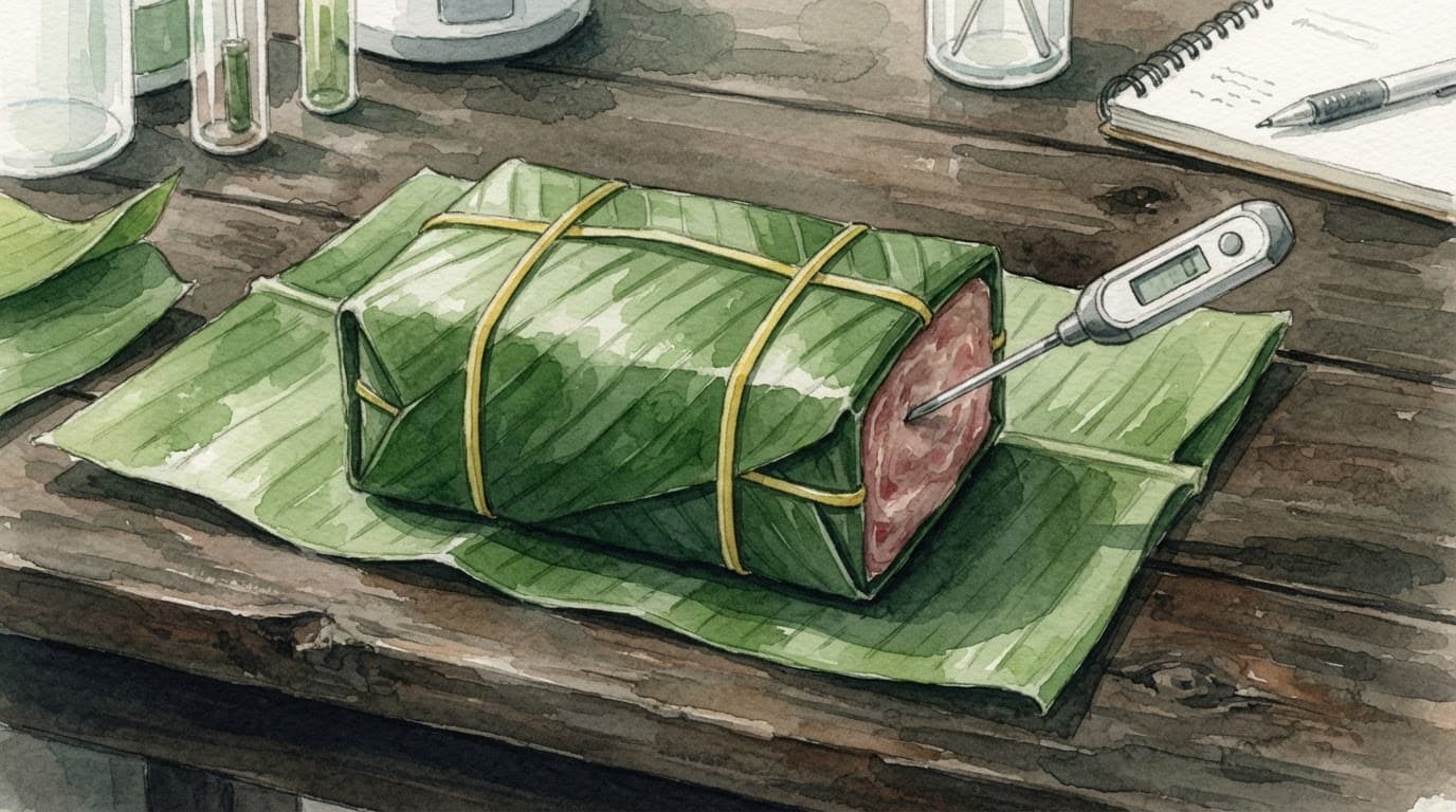Khối thịt lên men bọc lá chuối cạnh nhiệt kế