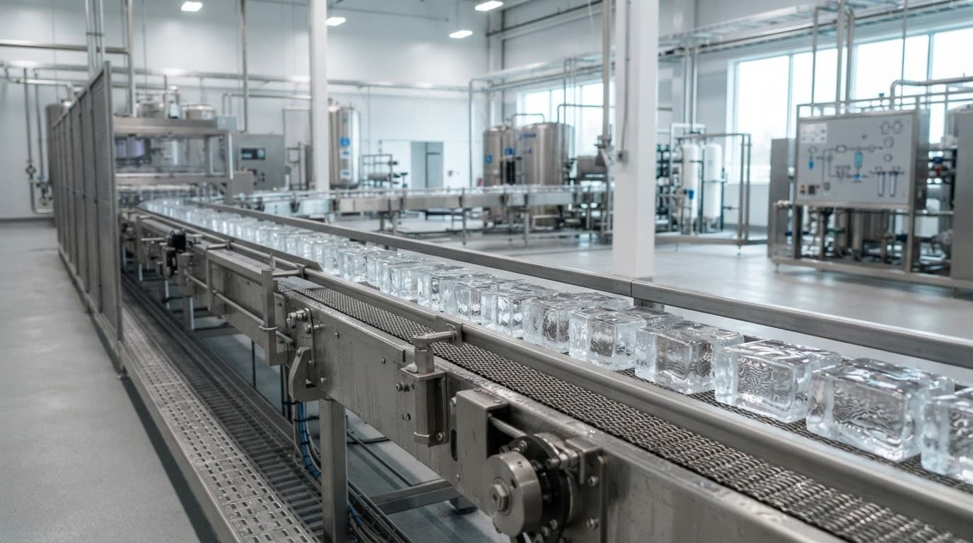 Băng chuyền inox vận chuyển các khối nước đá trong nhà máy sạch sẽ.