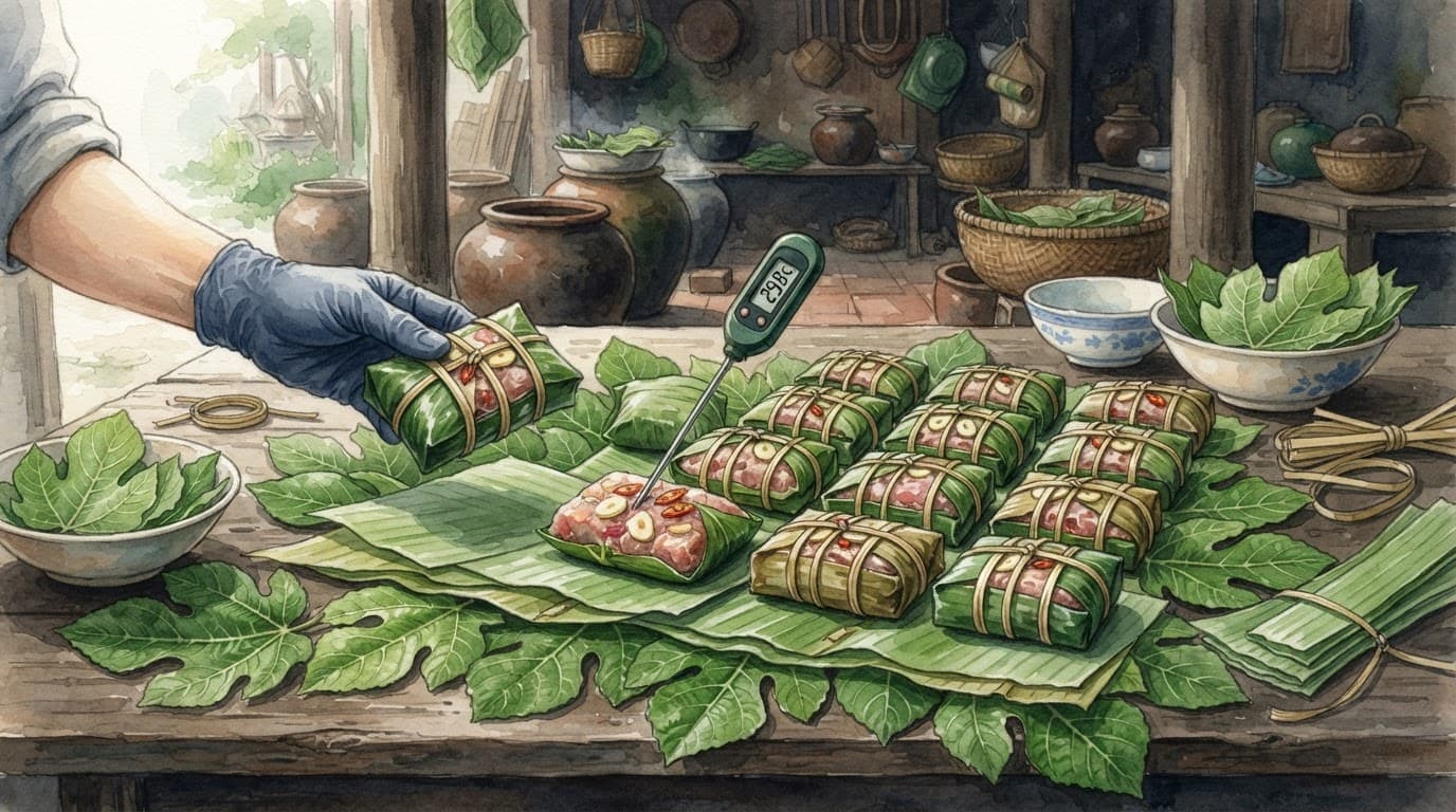 Các gói nem bọc lá chuối nằm trên lá sung cạnh dụng cụ đo nhiệt độ.