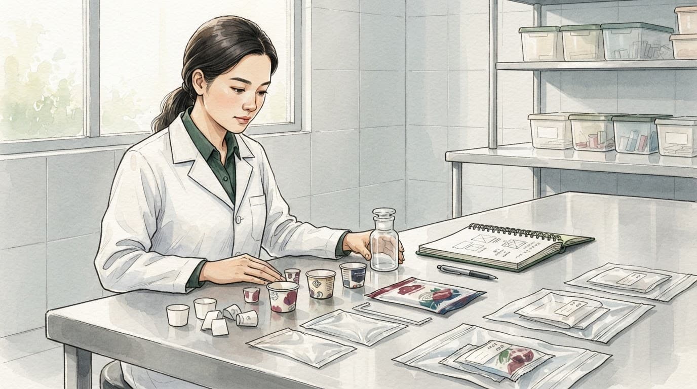 Một kiểm toán viên kiểm tra cốc giấy và túi nhựa được phân tách trên bàn thép.