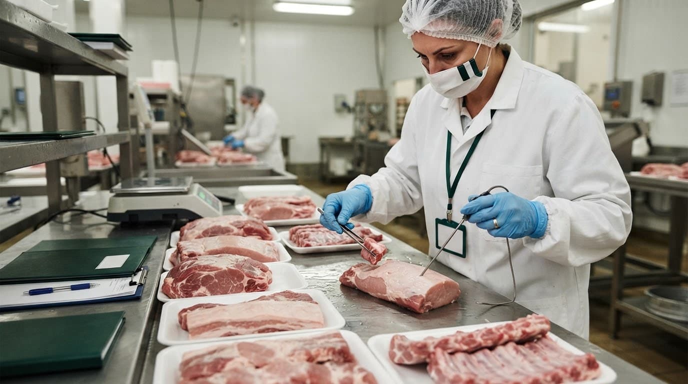 Kiểm tra viên quan sát các miếng thịt heo sống trên bàn thép không gỉ.