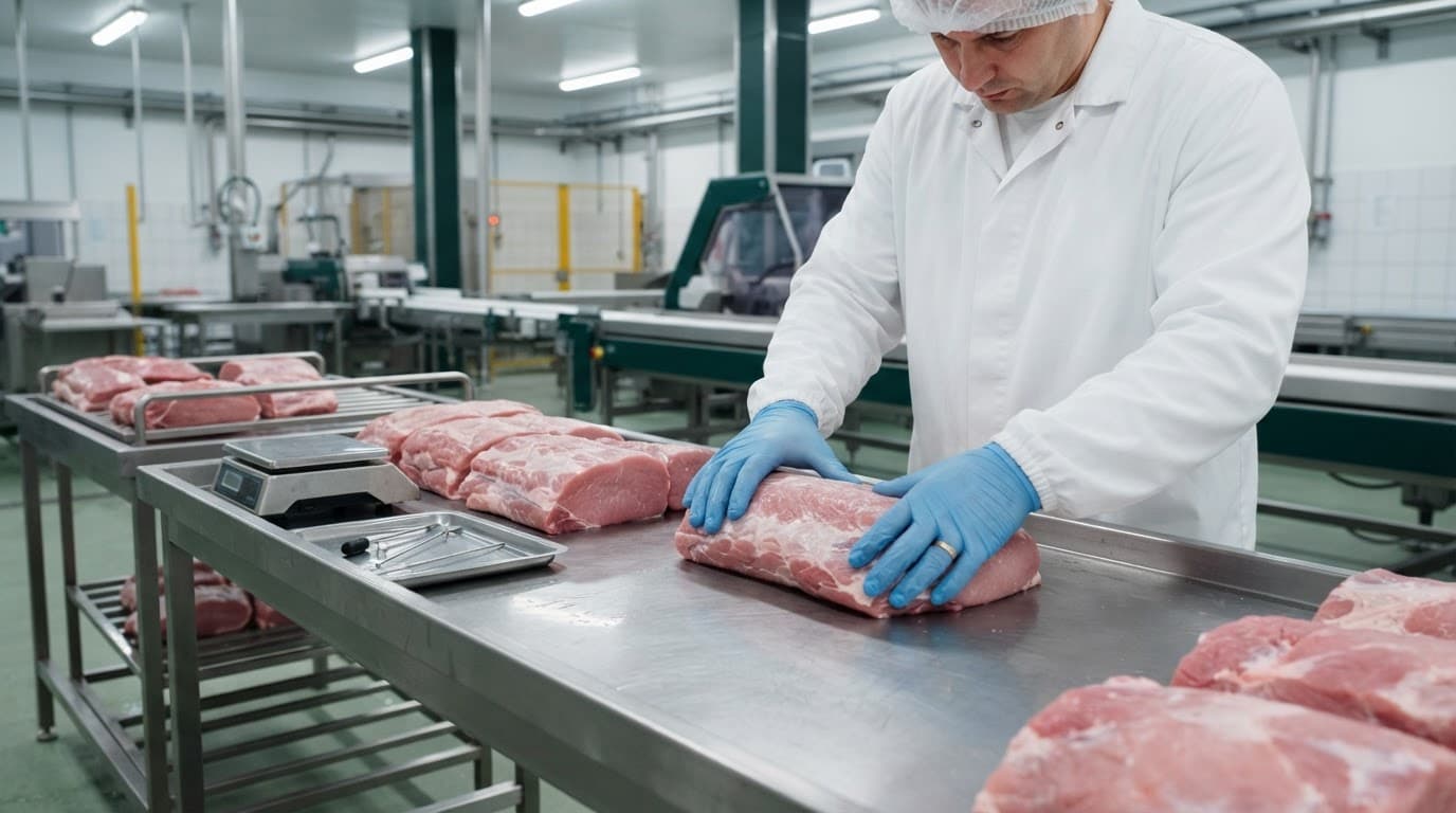 Bàn thép không gỉ đặt các khối thịt heo tươi cùng đôi tay đeo găng đang kiểm tra.