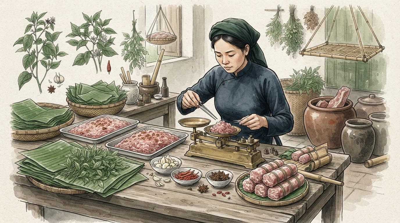 Nhân viên lấy mẫu thịt heo sống cạnh khay mẫu và dụng cụ lấy mẫu.
