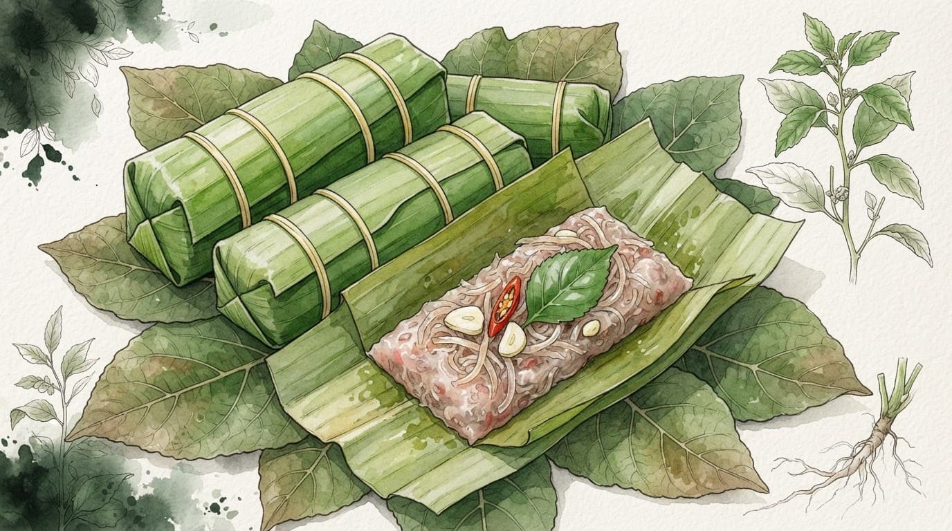 Các khối nem chua gói lá chuối, một gói được mở ra trên lá sung.