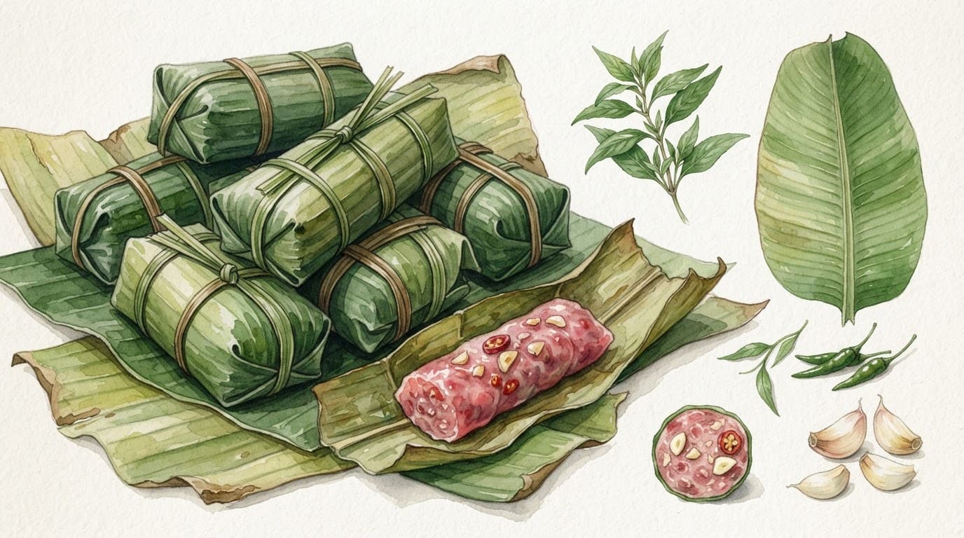 Nem chua gói lá chuối xanh trên nền giấy màu nước.
