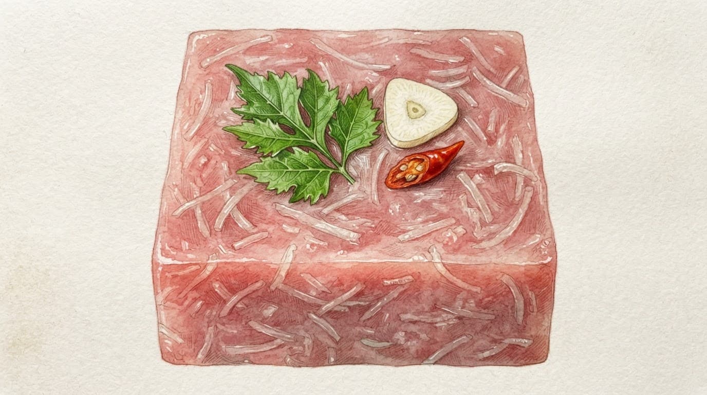 Khối nem chua hồng đặt cạnh lá đinh lăng, lát tỏi và ớt đỏ.