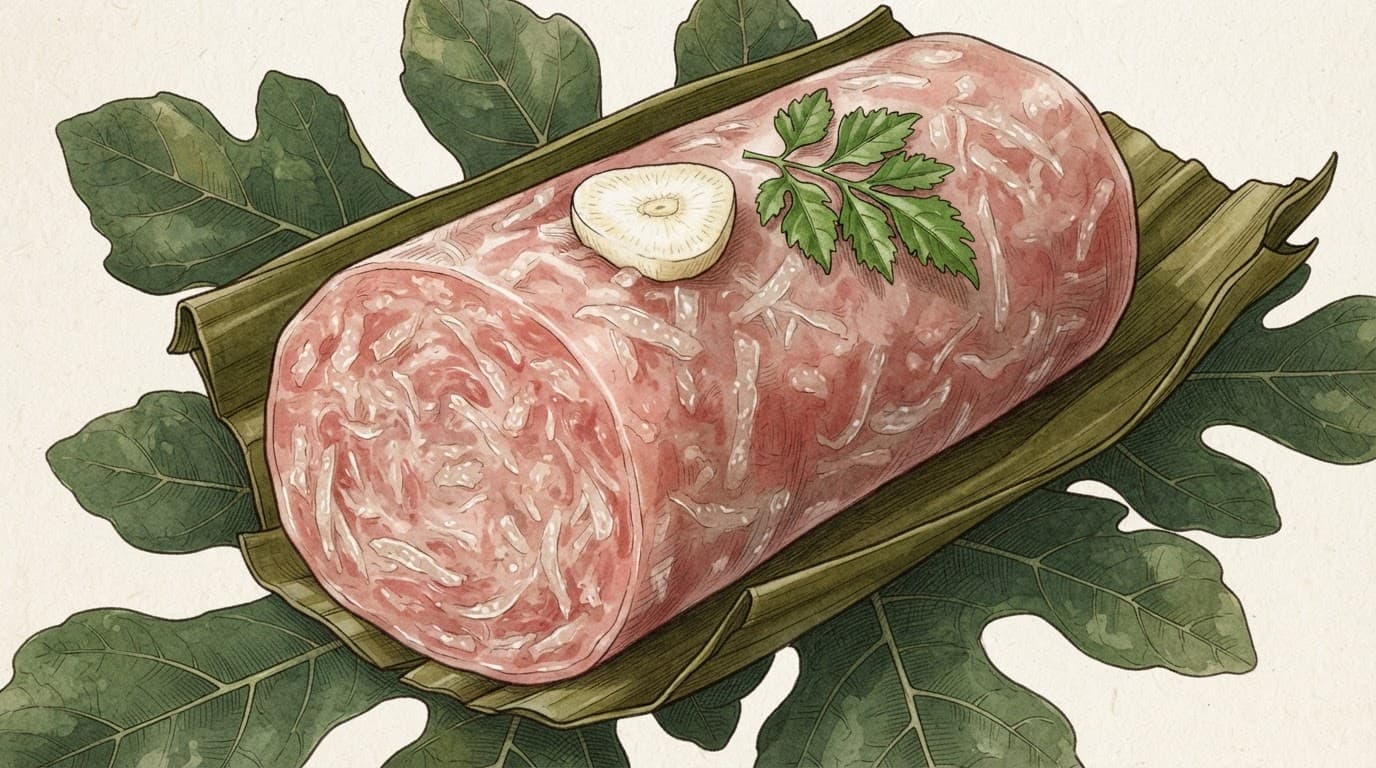 Nem chua mở gói với thịt hồng, sợi bì, lá đinh lăng và lát tỏi trên lá sung.