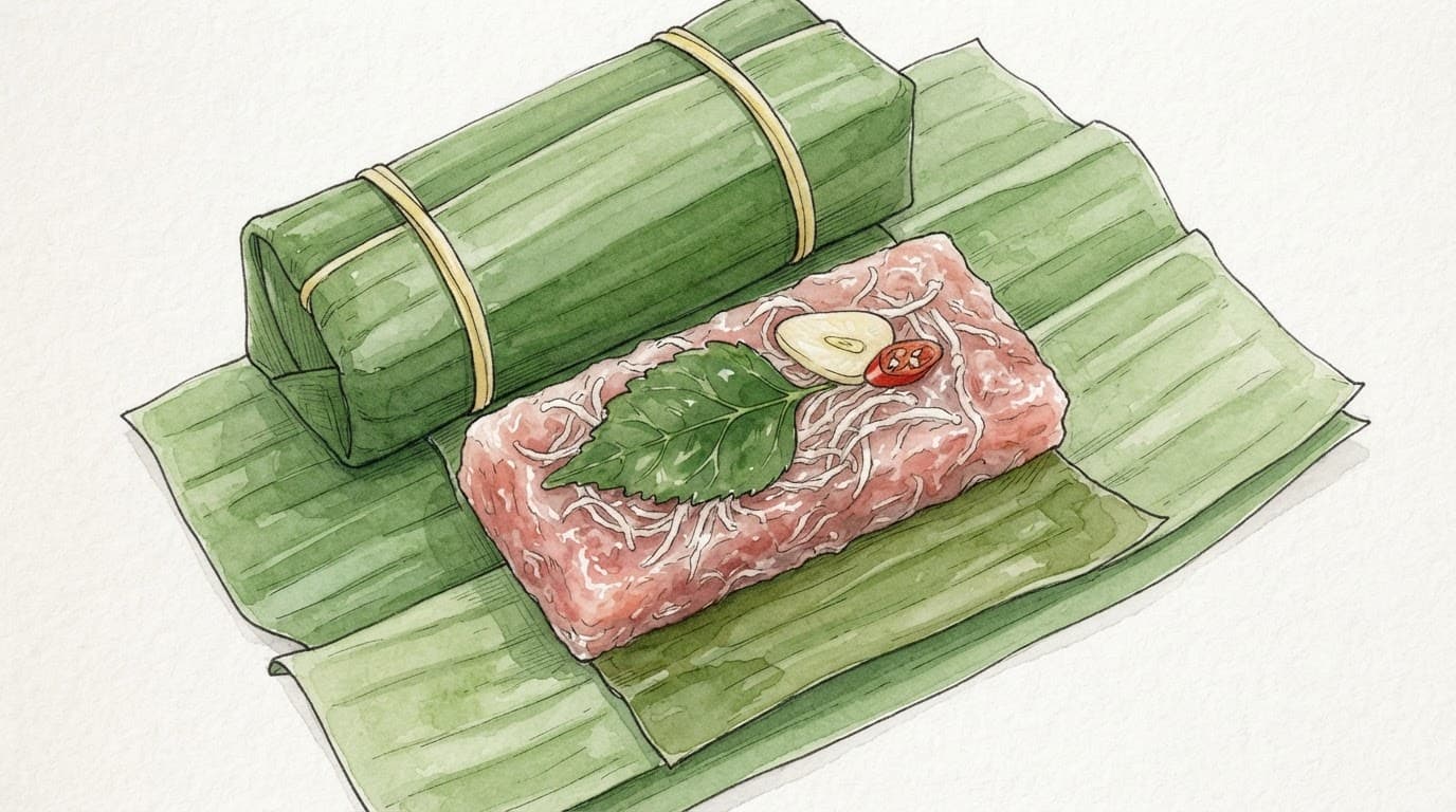 Gói nem bọc lá chuối mở ra, để lộ thịt hồng, bì sợi, lá đinh lăng, tỏi và ớt.
