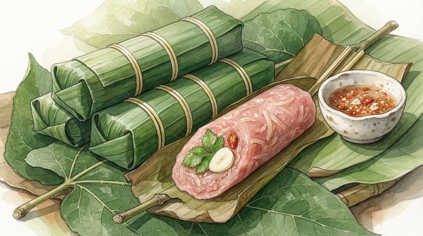 Lát nem chua hồng nhạt gói lá chuối được bày biện tinh tế cùng tỏi và ớt tươi.
