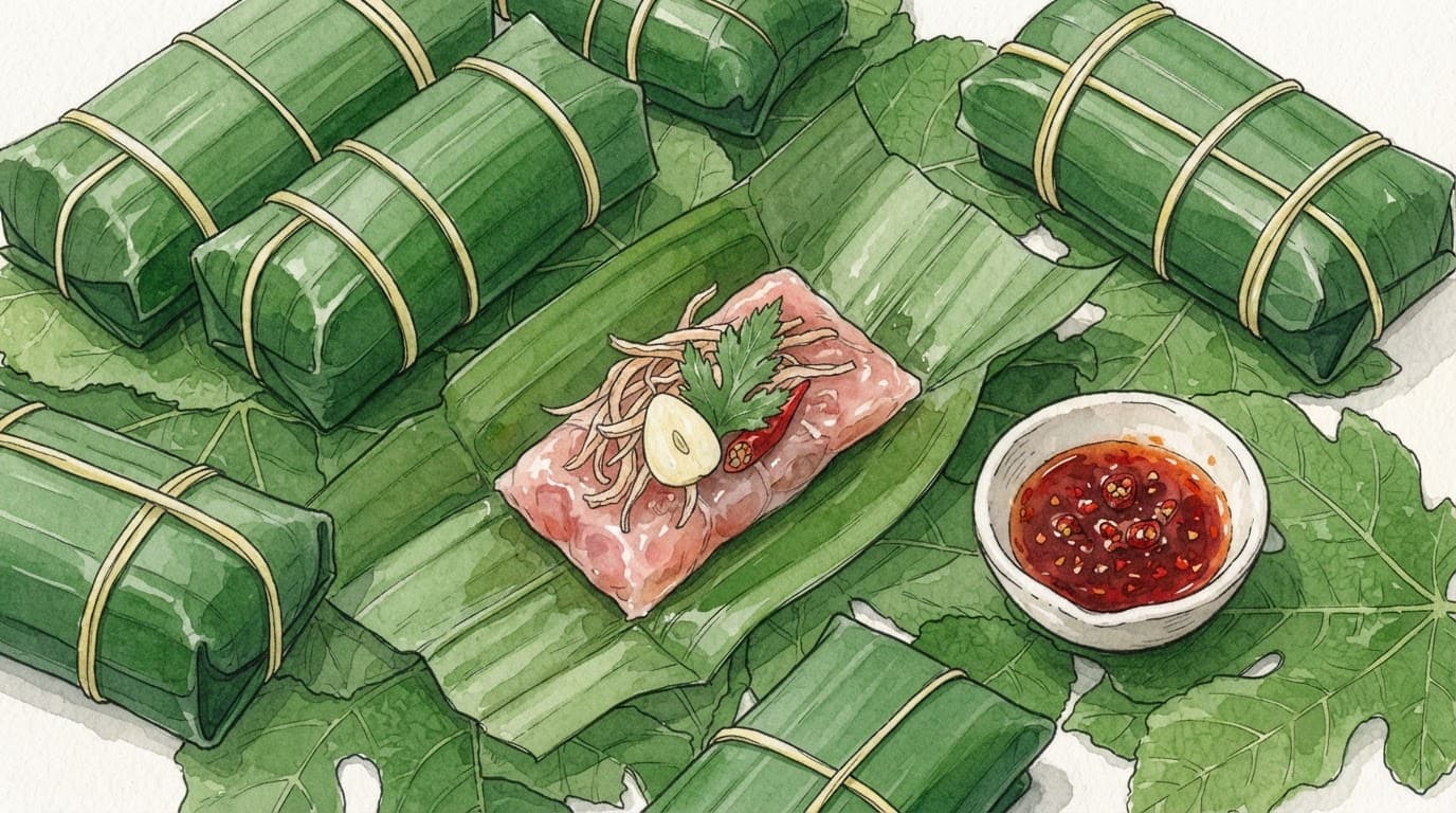 Gói nem chua bọc lá chuối xanh được mở một góc để lộ phần thịt hồng và tỏi ớt bên trong.