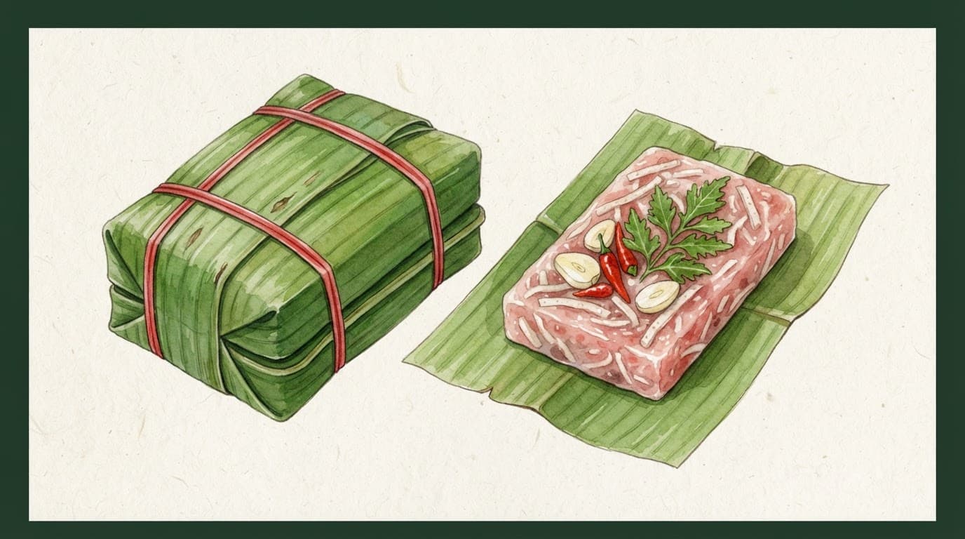 Nem chua Thanh Hóa bọc lá chuối đặt cạnh phần nem mở.