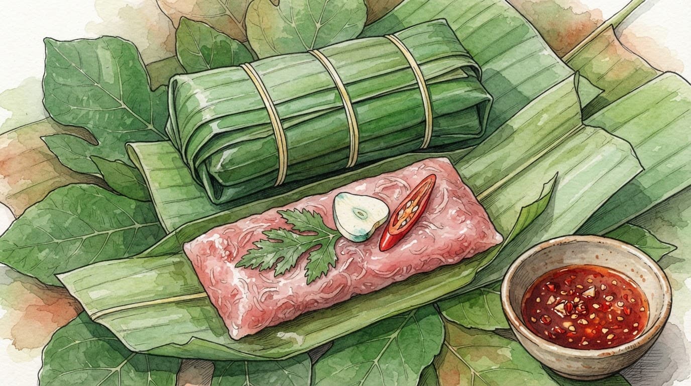Khối nem chua hồng nhạt bọc lá chuối có tỏi và ớt tươi.