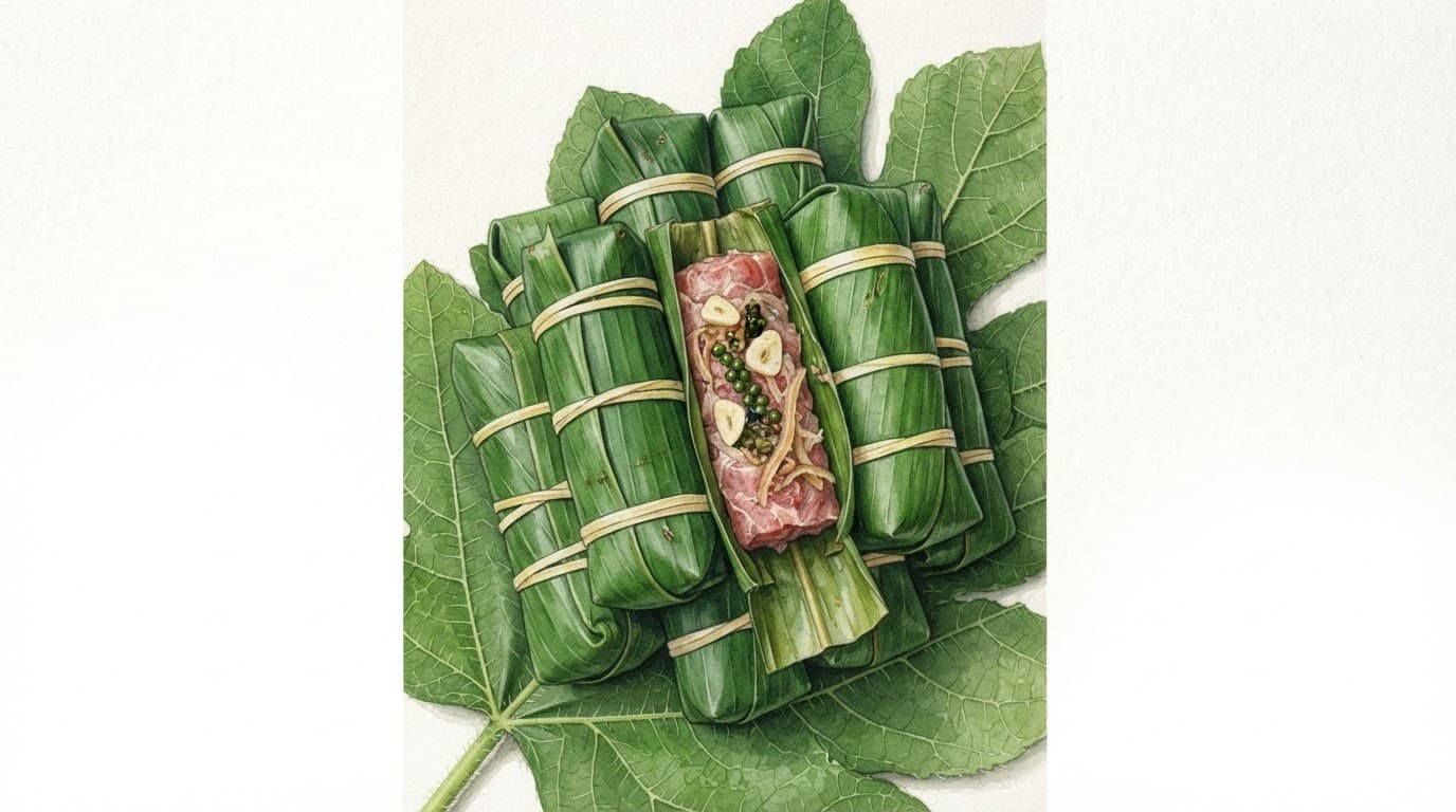 Nem chua gói lá chuối xanh đặt trên lá sung tươi.