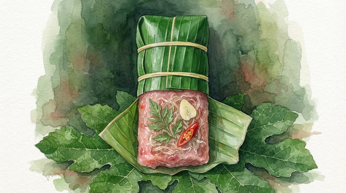 Nem chua bọc lá chuối, lộ phần thịt hồng cùng bì sợi, tỏi, lá đinh lăng và ớt đỏ.