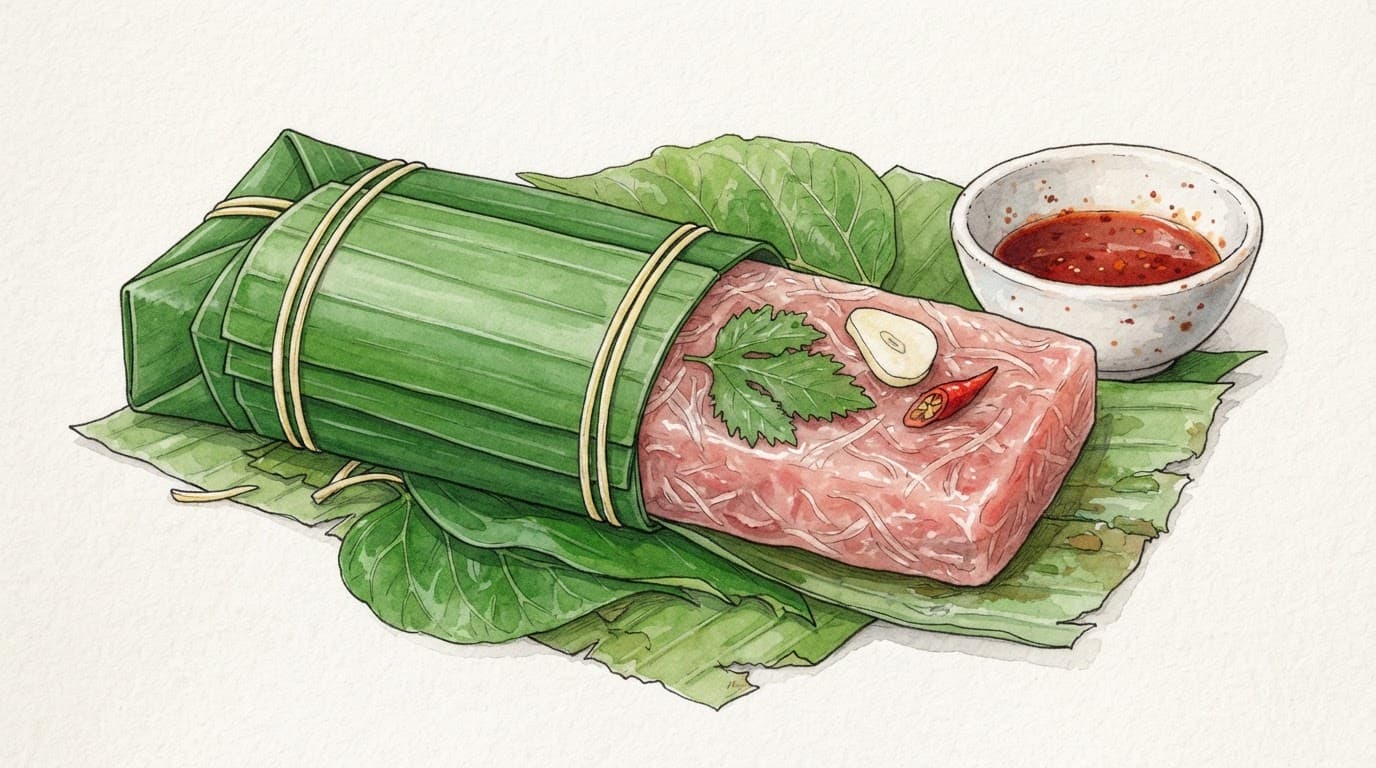 Gói nem chua bọc lá chuối, hé lộ thịt hồng cùng tỏi, ớt và lá đinh lăng.