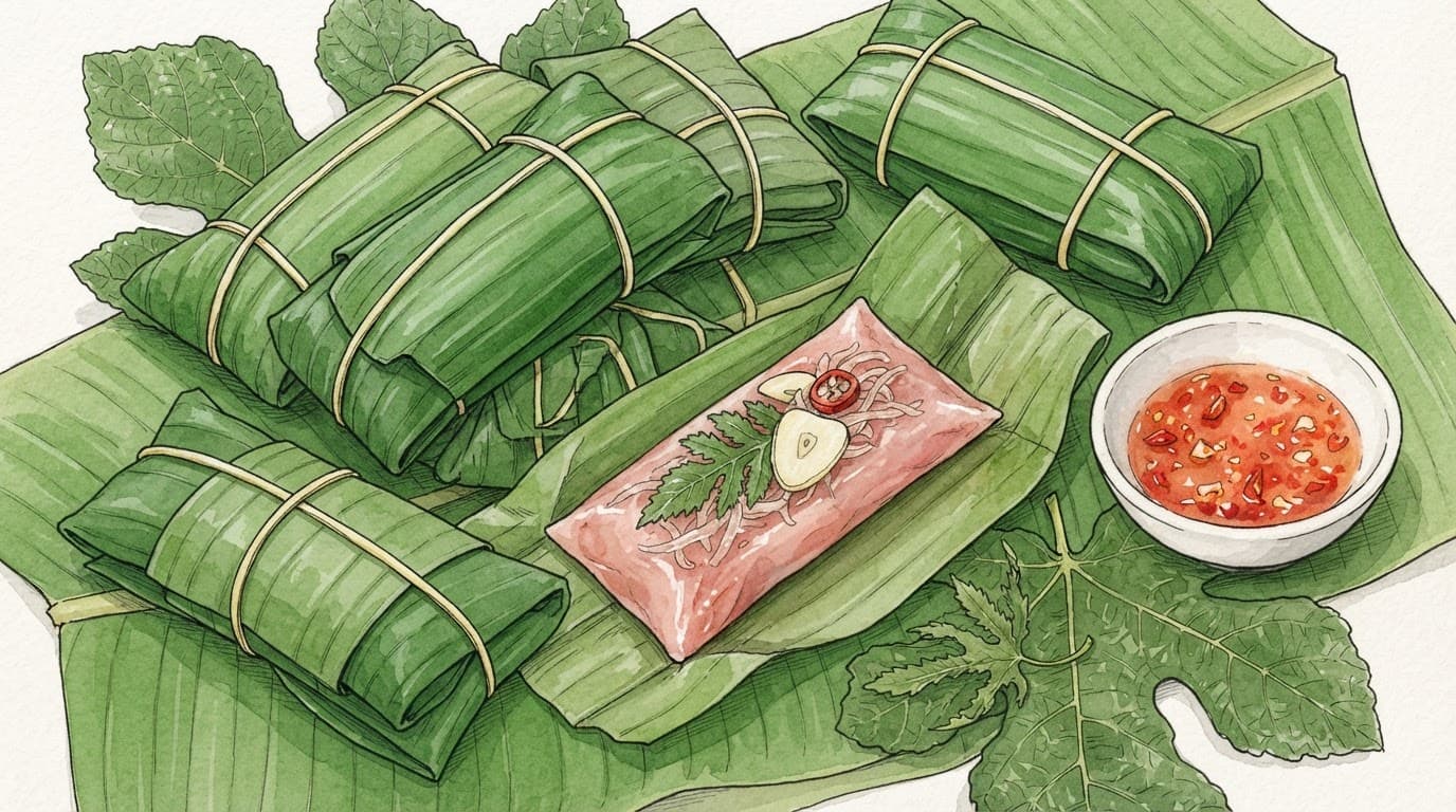 Các gói nem chua bọc lá chuối bên lá xanh và bát nước chấm.