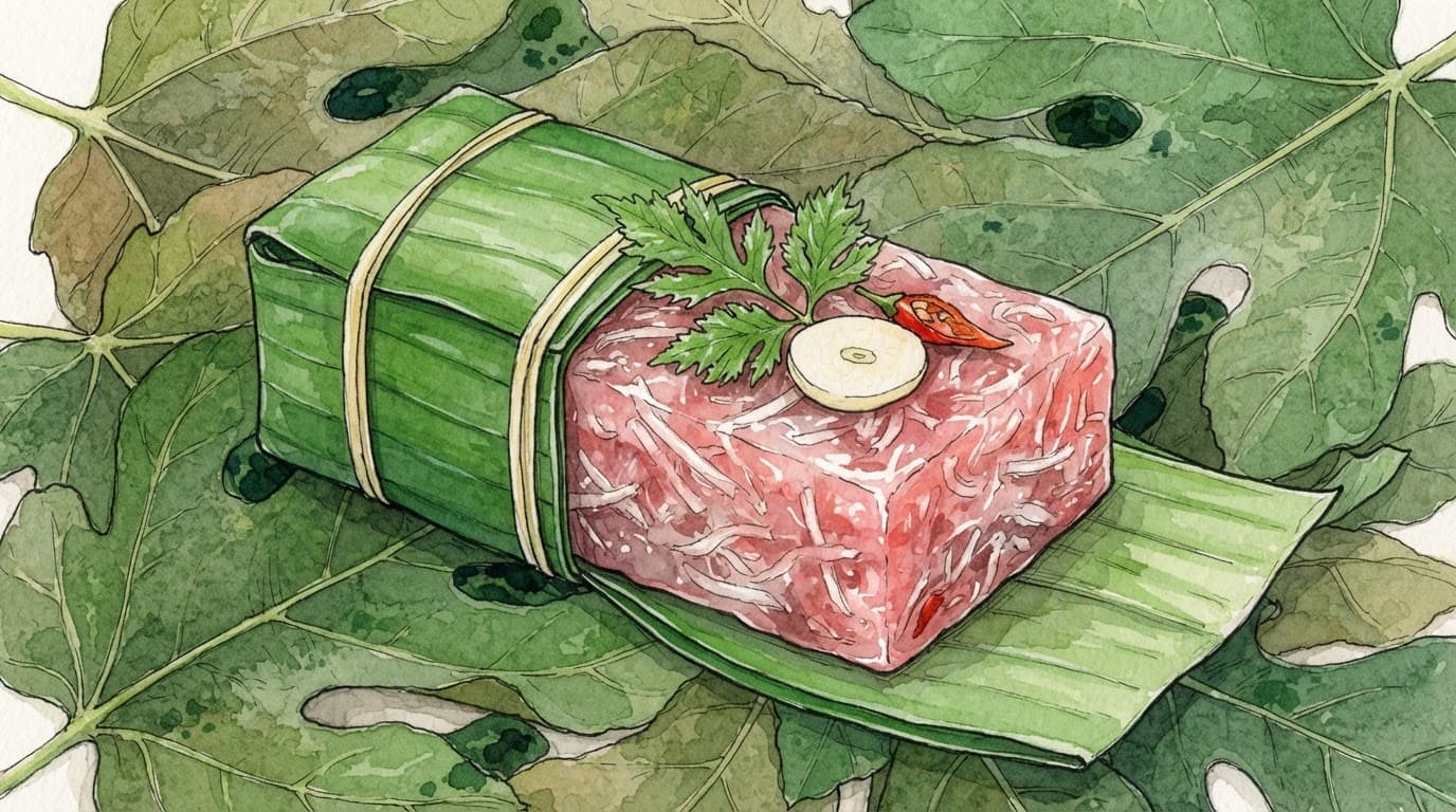 Nem chua Thanh Hóa bọc lá chuối, để lộ thịt hồng cạnh tỏi, ớt và lá đinh lăng.
