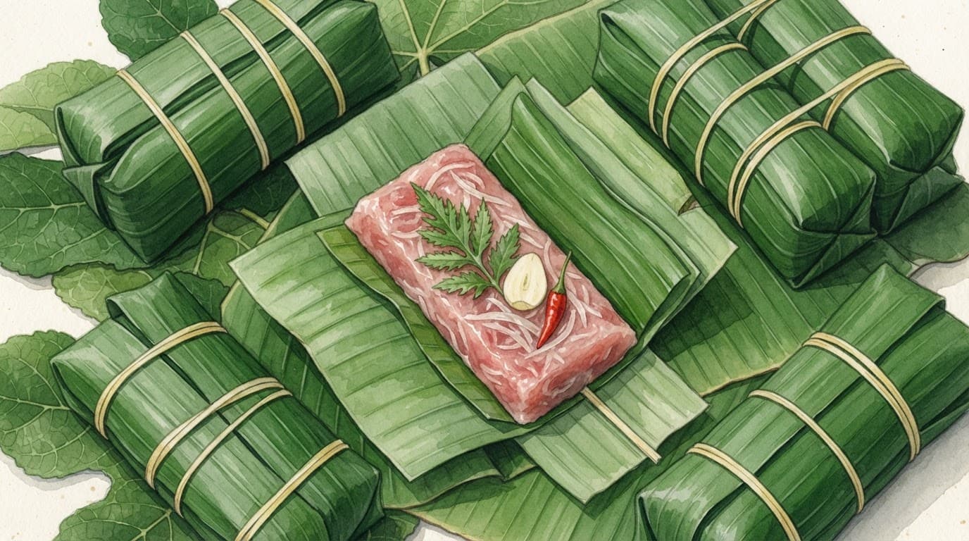 Khối nem chua gói lá chuối được mở một phần để lộ phần thịt hồng bên trong.