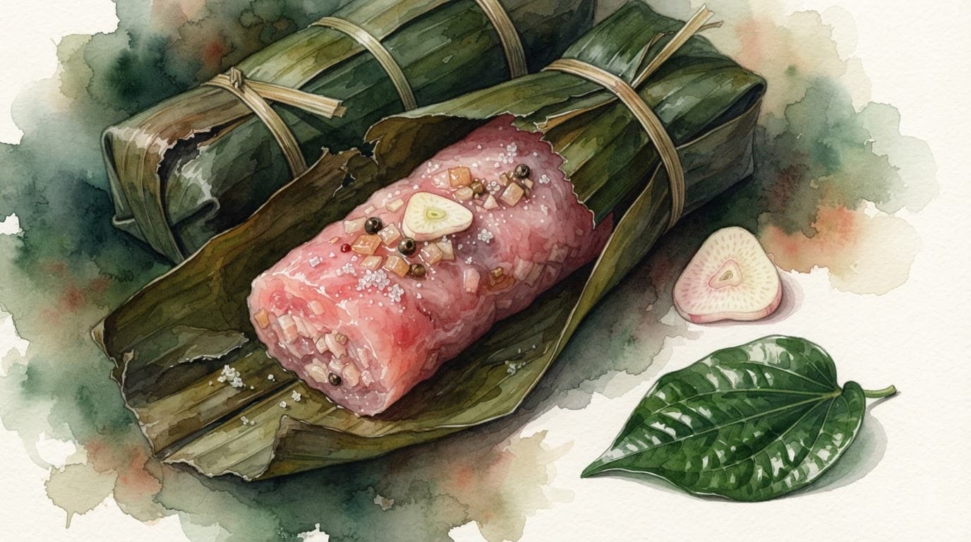 Nem chua Thanh Hóa hé mở trong lá chuối, có vài đốm trắng nhỏ cạnh lát tỏi và lá trầu.